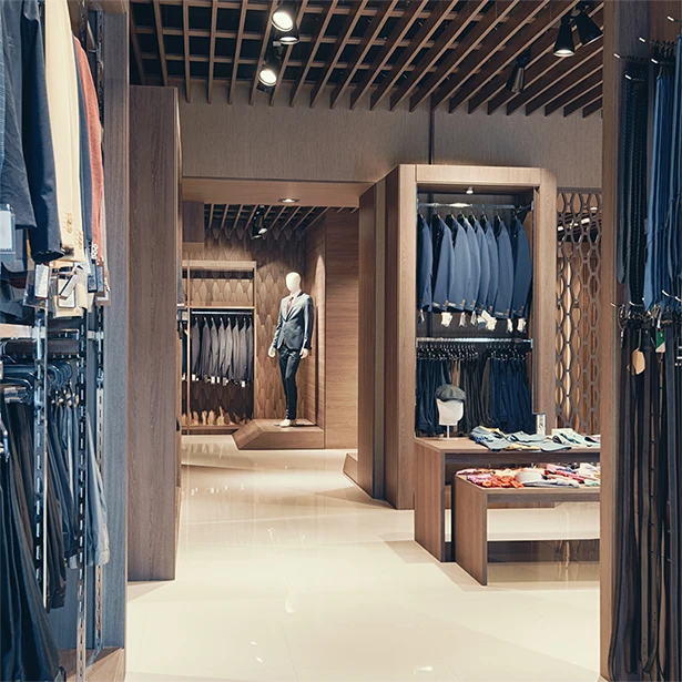 A clothing store’s furniture and walls are covered with wooden architectural finishes, like 3M DINOC, throughout the retail floor.