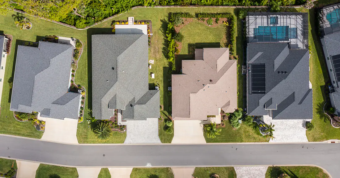 This is a aerial view of a neighborhood street within The Villages, similar to Eastport, the newest commercial and recreational gathering spot.